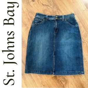 Vintage Y2K St John's Bay Denim Skirt 12 Knee Length Distressed Front Slit Boho